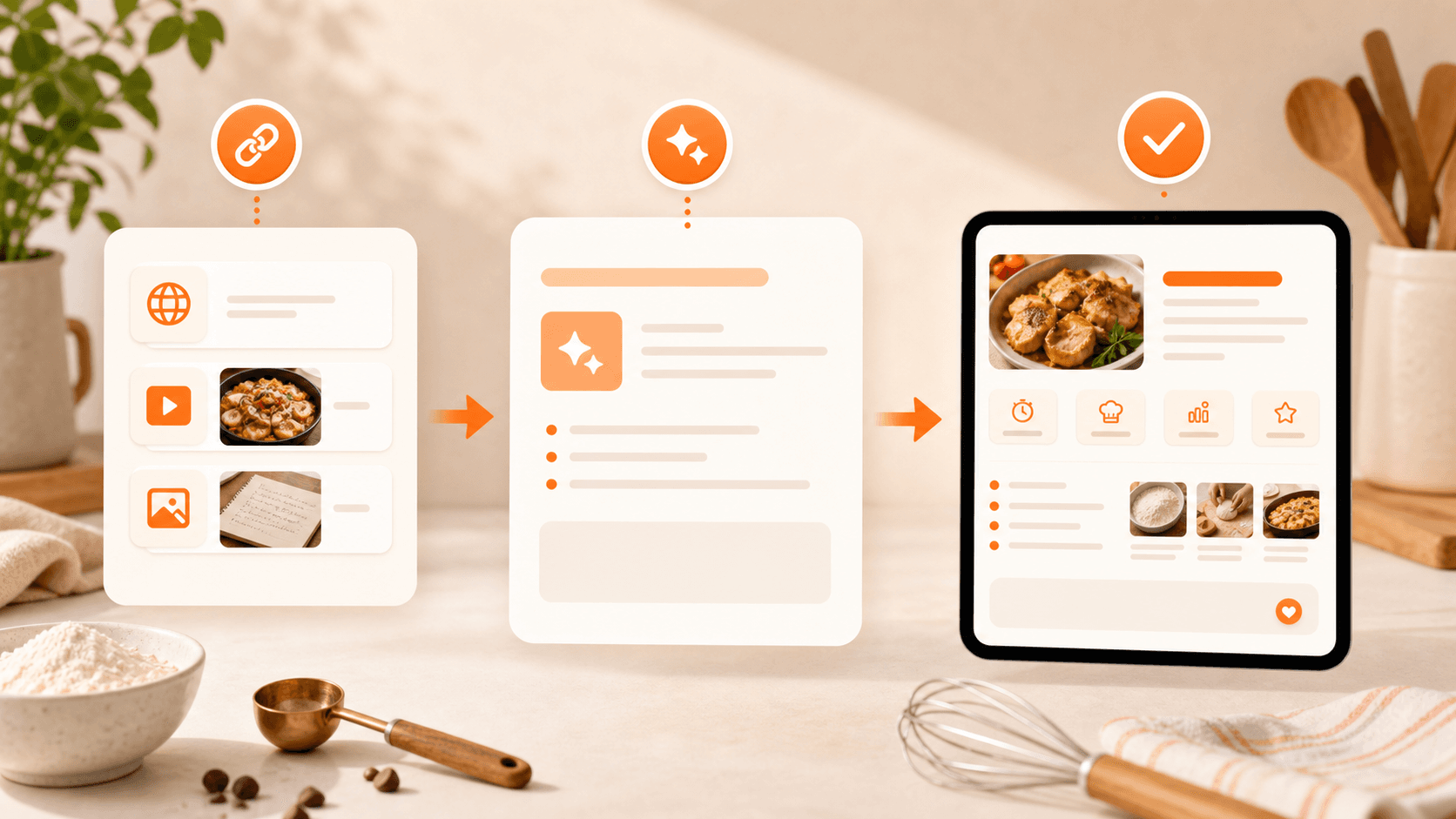 myCookSnap workflow with recipe sources, AI draft and saved cookbook card