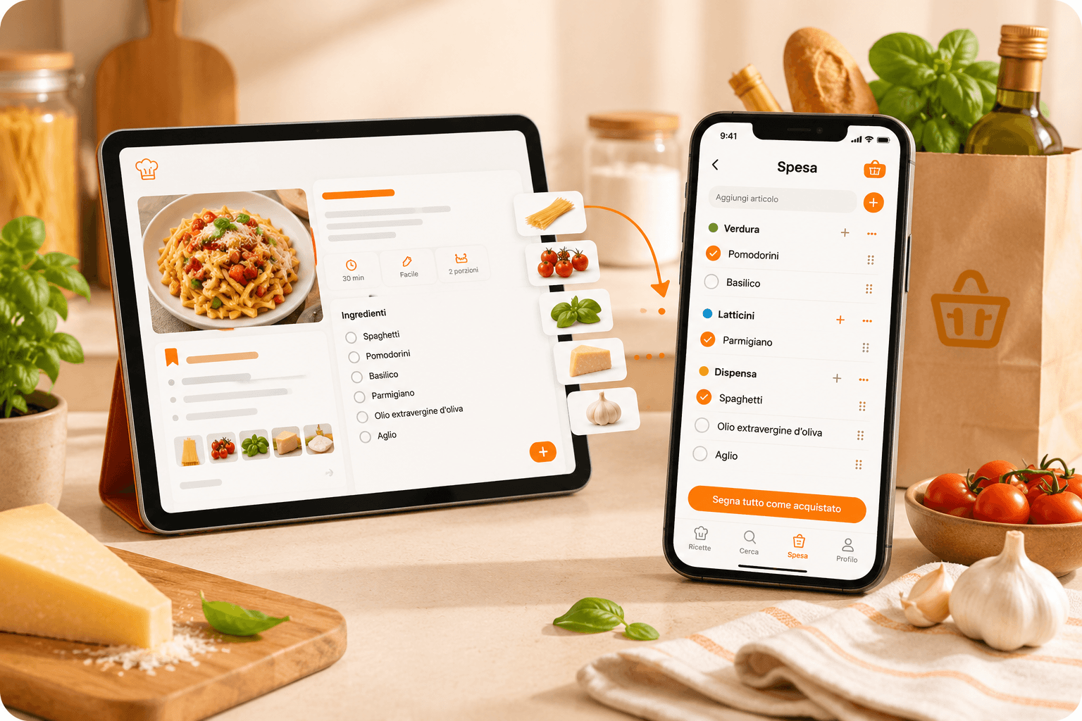 myCookSnap shopping list with ingredients added from recipes and grouped by recipe